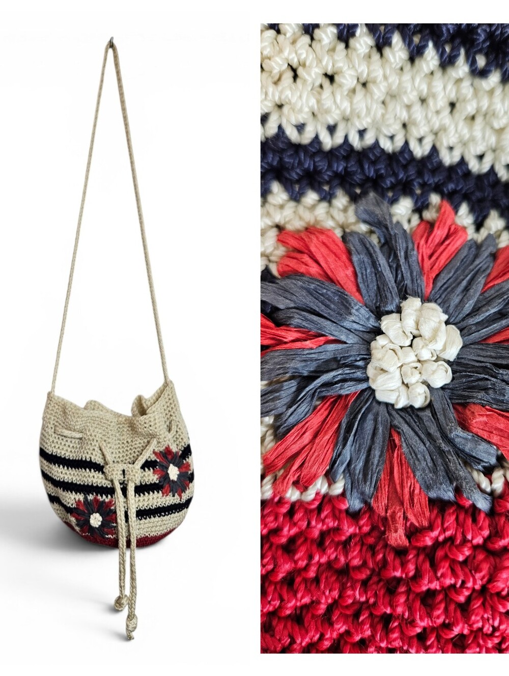 The Sak Crochet Drawstring Crossbody Bucket Bag Floral Nautical Sailorcore USA